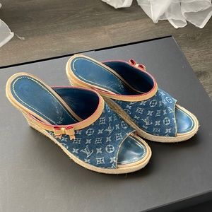 Louis Vuitton Denim and Tan Espadrille Wedges
